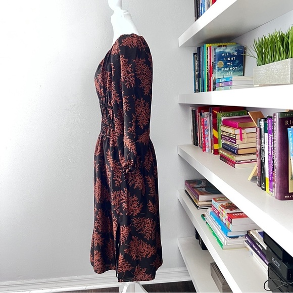 Rebecca Taylor Arden Fern Silk MIDI Dress Black/Copper Colored floral print L - Picture 7 of 16